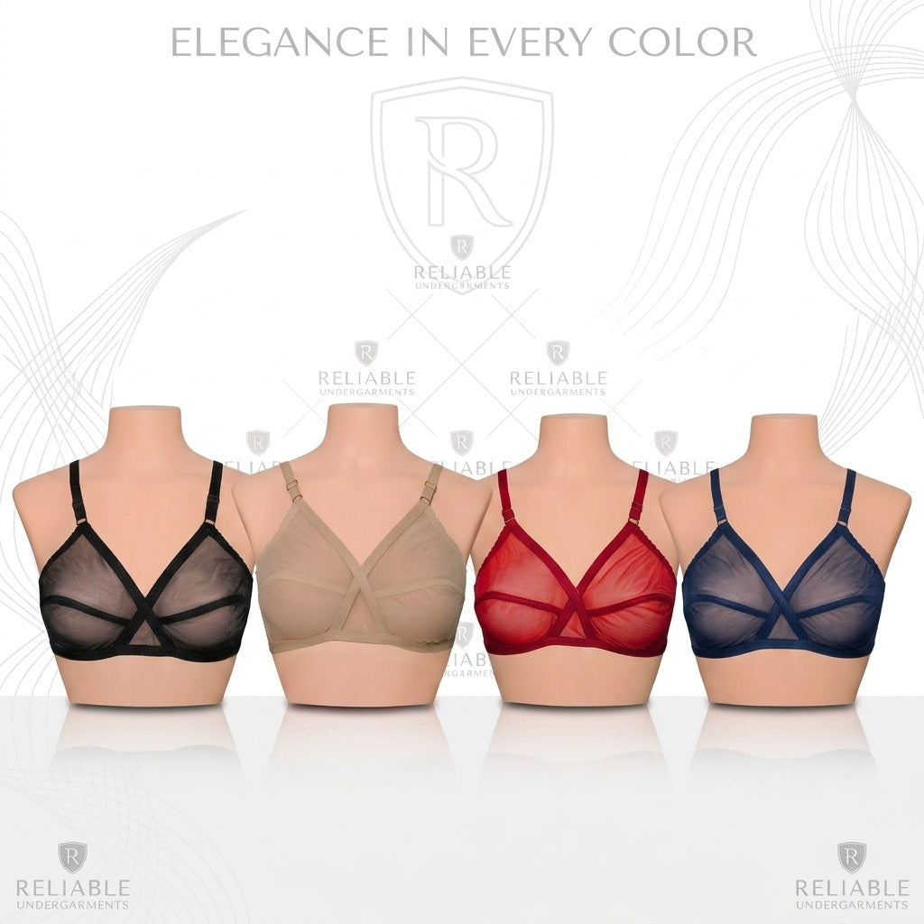 Pack of 4 Non-Padded & Non-Wired Full Net Transparent  Bras - 4 Colors